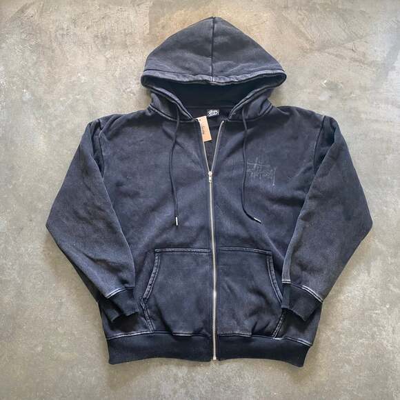 Stussy Basic Zip Hoodie Black Distressed Men’s Medium - Picture 1 of 6